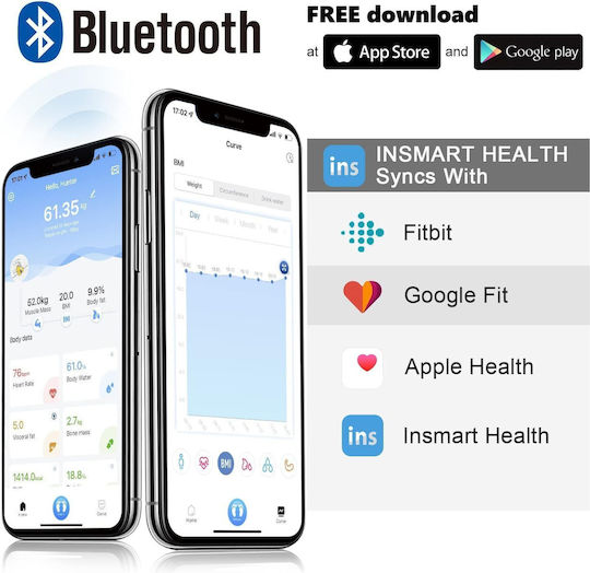 Insmart Smart Cantar De Baie 180kg Cu Analizator De Grăsime Corporală Și Bluetooth Albă