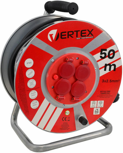 Vertex Μπαλαντέζα Καρούλι 4 Θέσεων με Καλώδιο 50m Διατομή 3 x 2.5mm² και Γείωση Στεγανή