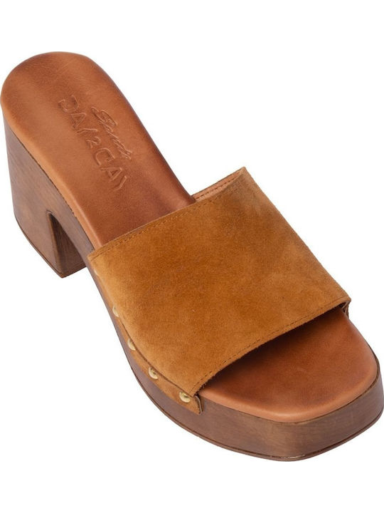 Mules With High Heel In Tabac Brown Colour