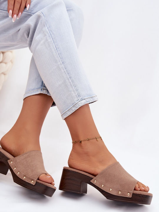Suede Mules With Heel In Brown Colour