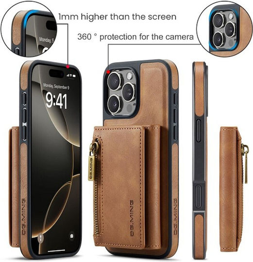 Dg.ming M5 Series Iphone 16 Pro Zip Rfid Multi Card Detachable Θήκη Δερματίνης Brown