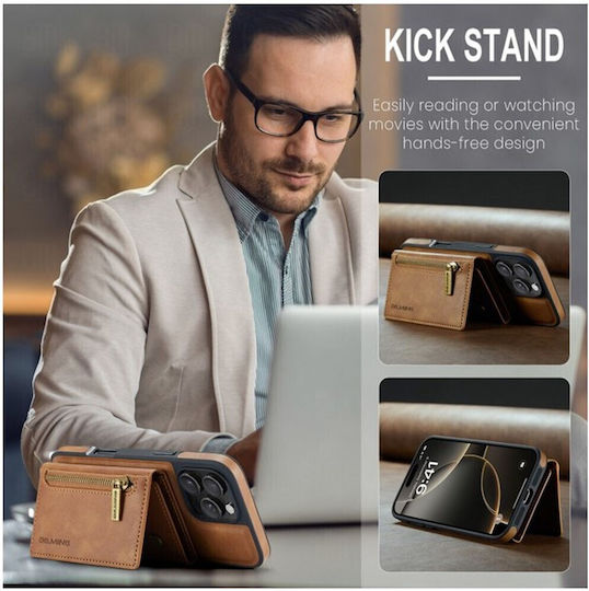 Dg.ming M5 Series Iphone 16 Pro Zip Rfid Multi Card Detachable Θήκη Δερματίνης Brown