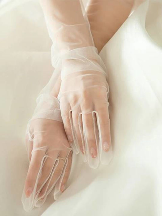 Long Tulle Lace Bridal Gloves Universal Size White