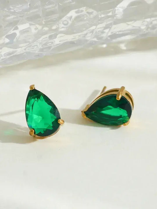 Single Steel Gold Plated Green Stud Earrings