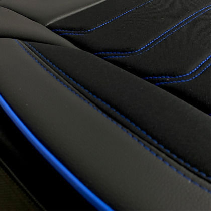 3D Leather Car Seat Covers Streetech Carbon Black Blue Stitching