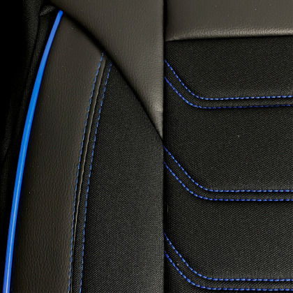 3D Leather Car Seat Covers Streetech Carbon Black Blue Stitching