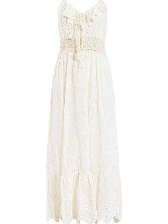 Celestino Damenkleid Mit Stickerei Durchbrochen Spaghetti-Träger Beige Offener Rücken