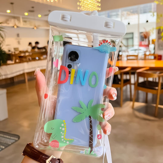 Flippy Glitter Kids Waterproof Underwater Case Snowproof Universal Lanyard Phone Documents Dino White