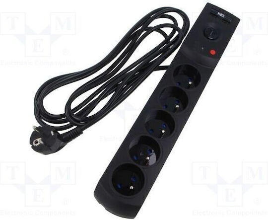 Professionelle Steckdosenleiste mit Überspannungsschutz 5 Steckdosen 2xUSB 3m 10A 230V 2300W Schwarz W-100044
