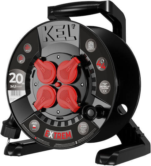 Extreme Line Reel Extension Cord 4 Sockets Switch Ip44 16a H07bq-f 3x1.5 20m Black W-100080