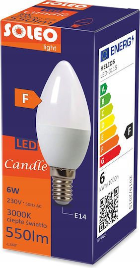 Helios Λάμπα LED 6W για Ντουί E14 και Σχήμα C37 Θερμό Λευκό 550lm