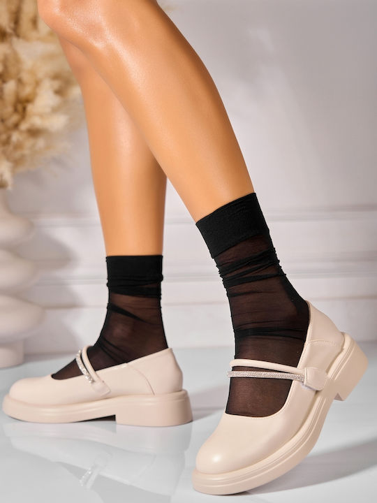 Pantofi Cu Toc Din Piele Cu Toc Gros Joasă Bej