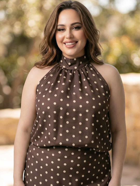 Women's Sleeveless Blouse with Tie at Neck Polka Dot Brown with Beige Polka Dot