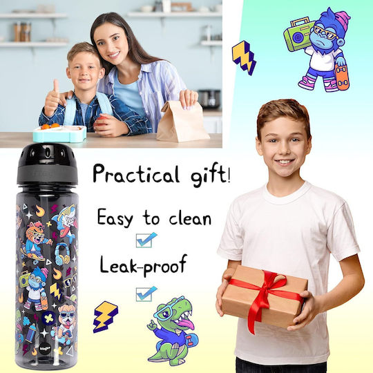 Fringoo Kids Plastic Water Bottle With Straw Non Spill Black 650ml