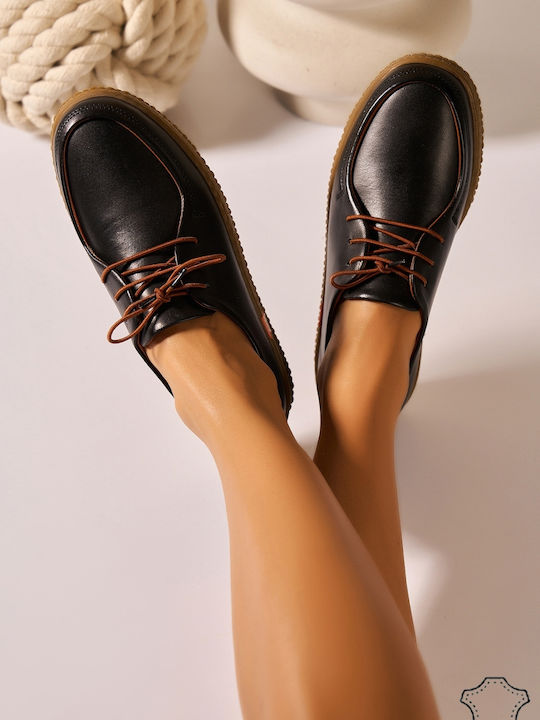 Δερμάτινα Γυναικεία Oxfords σε Μαύρο Χρώμα