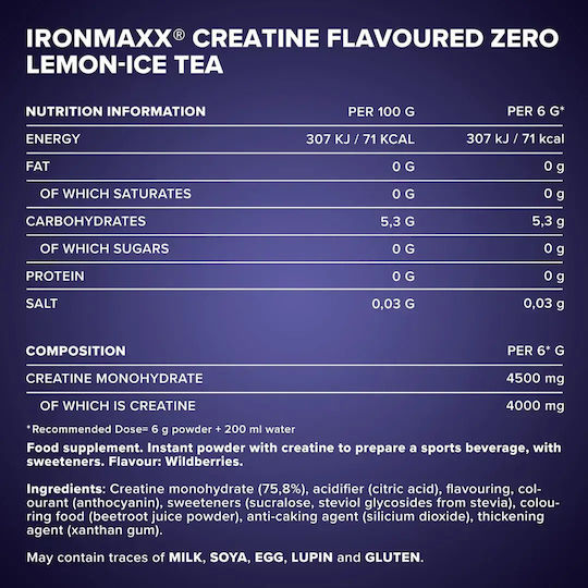 IronMaxx Креатин Flavoured Zero Монохидратна Креатин 4500мг с Вкус Wild Berries 250гр