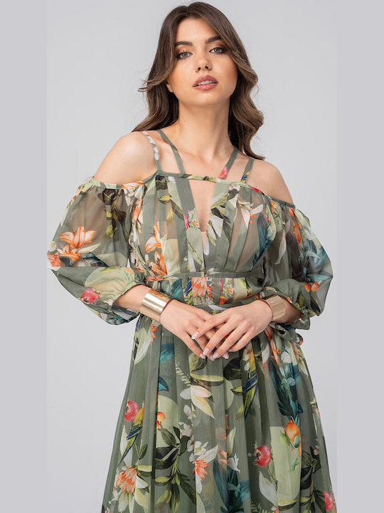 Layla Rochie De Vară Maxi Pentru Nuntă Botez Cu Umerii Goi Kaki