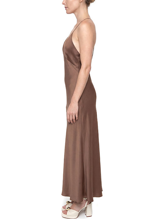 Dress Women Twenty-29 Καλοκαιρινό Maxi Βραδινό Φόρεμα Κομπινεζόν Σατέν Εξώπλατο Καφε