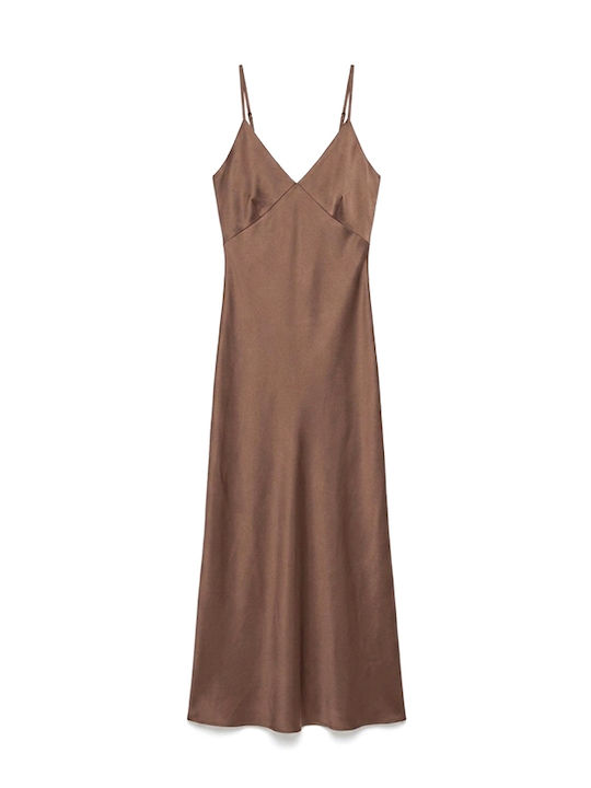 Dress Women Twenty-29 Καλοκαιρινό Maxi Βραδινό Φόρεμα Κομπινεζόν Σατέν Εξώπλατο Καφε
