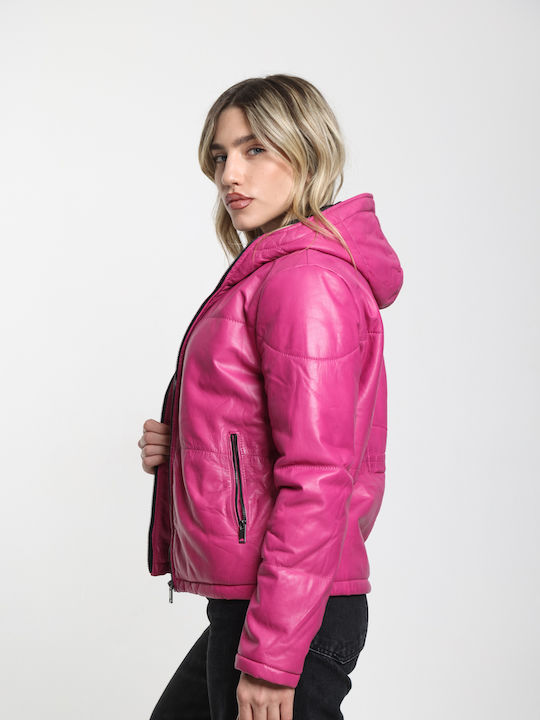 Leather Women's Jacket for Winter Fuchsia