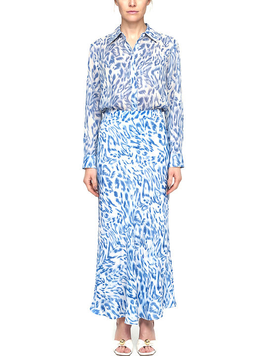 High Waist Midi Skirt Ecru Blue