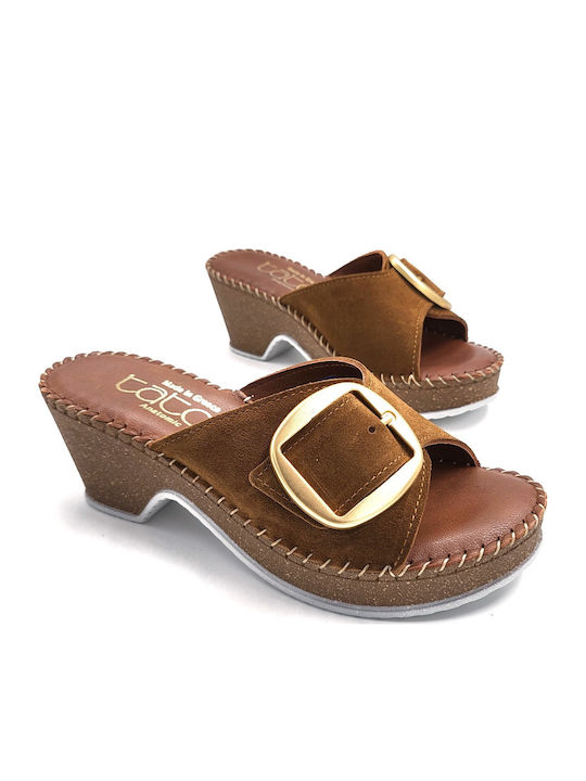 Leather Mules with Heel in Brown Colour