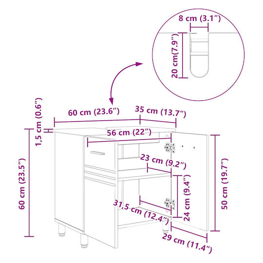 vidaXL Pătrat Fără Chiuvetă M60xA35xÎ60cm Gri Sonoma