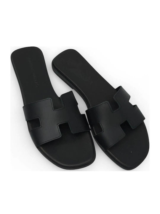 Leder Flache Sandalen für Damen Schwarz