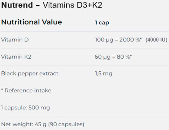 Nutrend Vitamins D3 + K2 Βιταμίνη για Ενίσχυση του Ανοσοποιητικού & την Υγεία των Οστών 100mg 90 κάψουλες