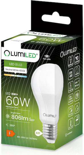 Lumiled Λάμπα LED 8W για Ντουί E27 και Σχήμα A60 Φυσικό Λευκό 806lm