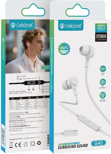 Celebrat G40 In-Ear Freisprecheinrichtung Kopfhörer mit USB-C Weiß