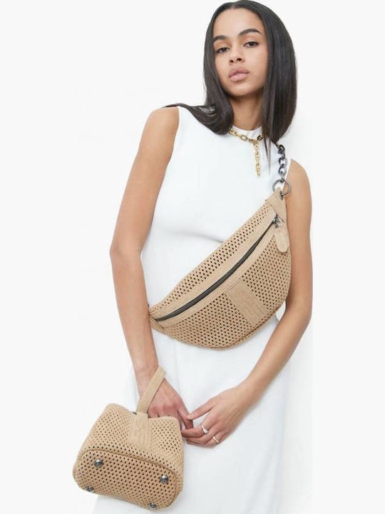 Hype Net Suede Baguette Δερμάτινη Γυναικεία Τσάντα Ώμου Μπεζ