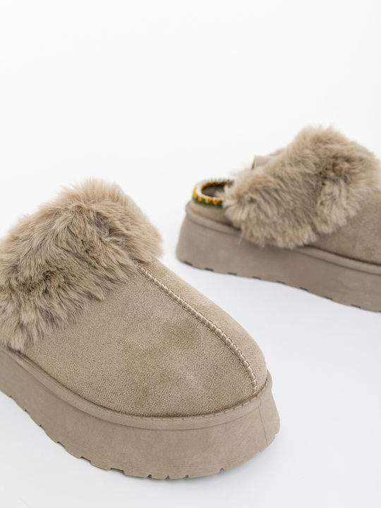 Winter Women's Slippers with Beige Fur