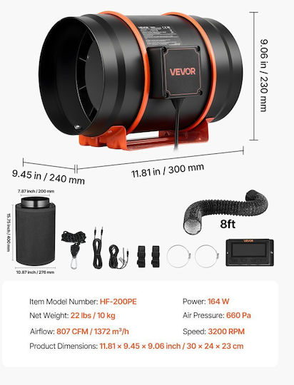 Vevor Inline Duct Fan Kit Φίλτρο Άνθρακα 1372 M³/h 203 Mm Ec Ανεμιστήρας Εξαερισμού Κινητήρα 10 Ταχύτητες Ελεγκτής Pwm Έλεγχος Εφαρμογής Χρονοδιακόπτης Ψύξη Σκηνή Ανάπτυξης Εσωτερική Κηπουρική Υδροπονία