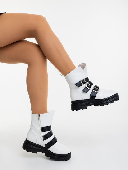 Ghete de Piele Dama Ankle cu Blană Albe