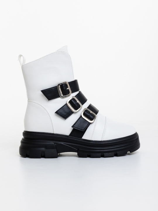 Ghete de Piele Dama Ankle cu Blană Albe