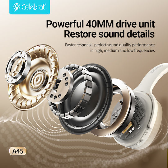 Celebrat A45-BK Wireless / Wired Over Ear Headphones with 16 Hours Playing Time Black