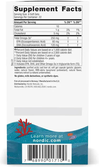 Nordic Naturals Dha Ulei de ficat de cod și Ulei de pește 250mg 180 capsule cu aromă de căpșună