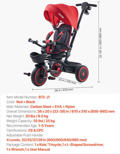 Vevor Toddler Convertible with Parental Handle 6 in 1 for Ages 1-5 Red