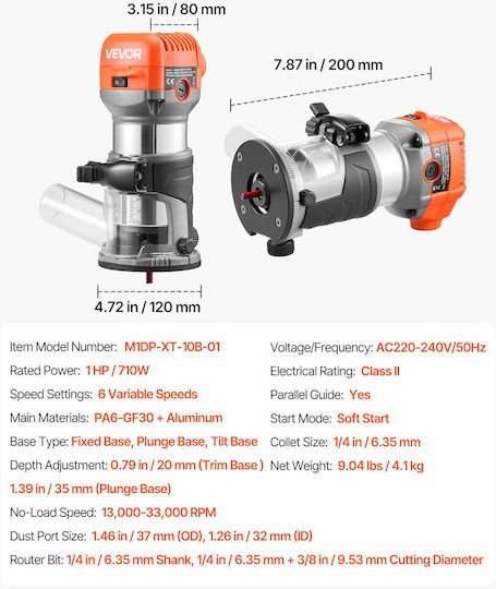 Vevor YXKBJDZSJTGD561EW001V2 Κουρευτικό Περιθωρίων 710W με Ρύθμιση Ταχύτητας και με Σύστημα Αναρρόφησης