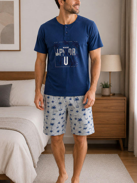 Join Beds Καλοκαιρινή Ανδρική Πιτζάμα Βαμβακερή Μπλε
