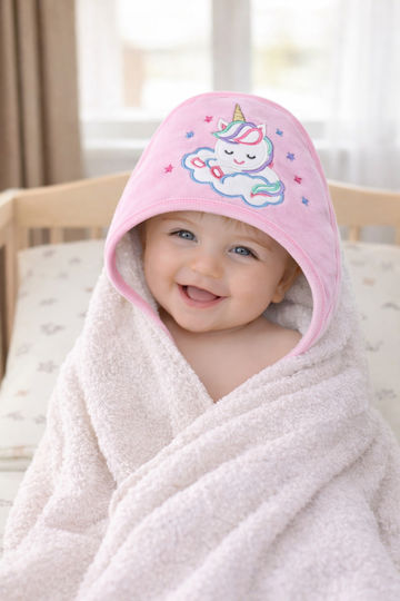 Stewehome Kids' Bath Towel Hooded Unicorn Embroidery 100% Cotton 100x100 Cm