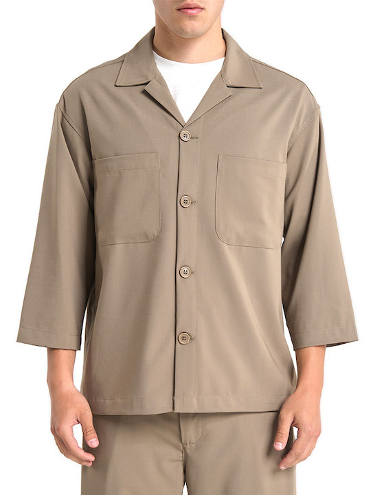 Μακρυμάνικo Τζιν Overshirt σε Κανονική Γραμμή Μπεζ