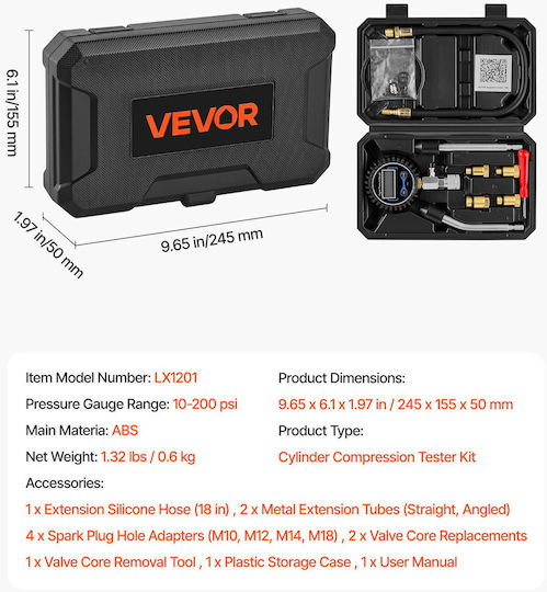 Vevor Set De Testare Compresie Cilindri Motor 10-200 Psi 4 Adaptoare Metalice Tuburi Pentru Mașini Și Motociclete Qgylcsydzylbxg4xf001v9