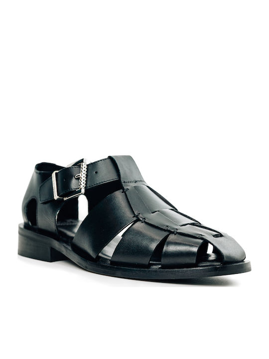 Leder Flache Sandalen für Damen Schwarz