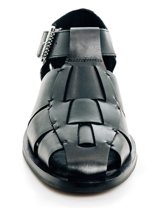 Leder Flache Sandalen für Damen Schwarz