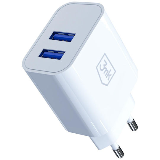 3MK Charger with Integrated Cable with 2 USB-A Ports 10W White (FlowPower)