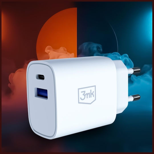 3MK Φορτιστής Χωρίς Καλώδιο με Θύρα USB-A και Θύρα USB-C 30W Power Delivery / Quick Charge 4+ Λευκός (FlowPower)