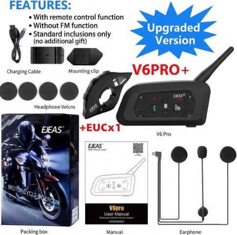 EJEAS V6 PRO+ & EUC Einzelne Gegensprechanlage für Helm Motorrad mit Bluetooth