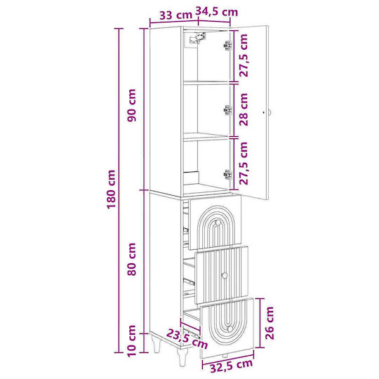 vidaXL Bathroom Column Cabinet Wall Hung M33xD34.5xH90cm Gray